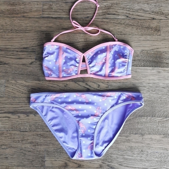 AERIE Bikini Top Bottom Bandeau Orange Lobsters New Small - Picture 1 of 7